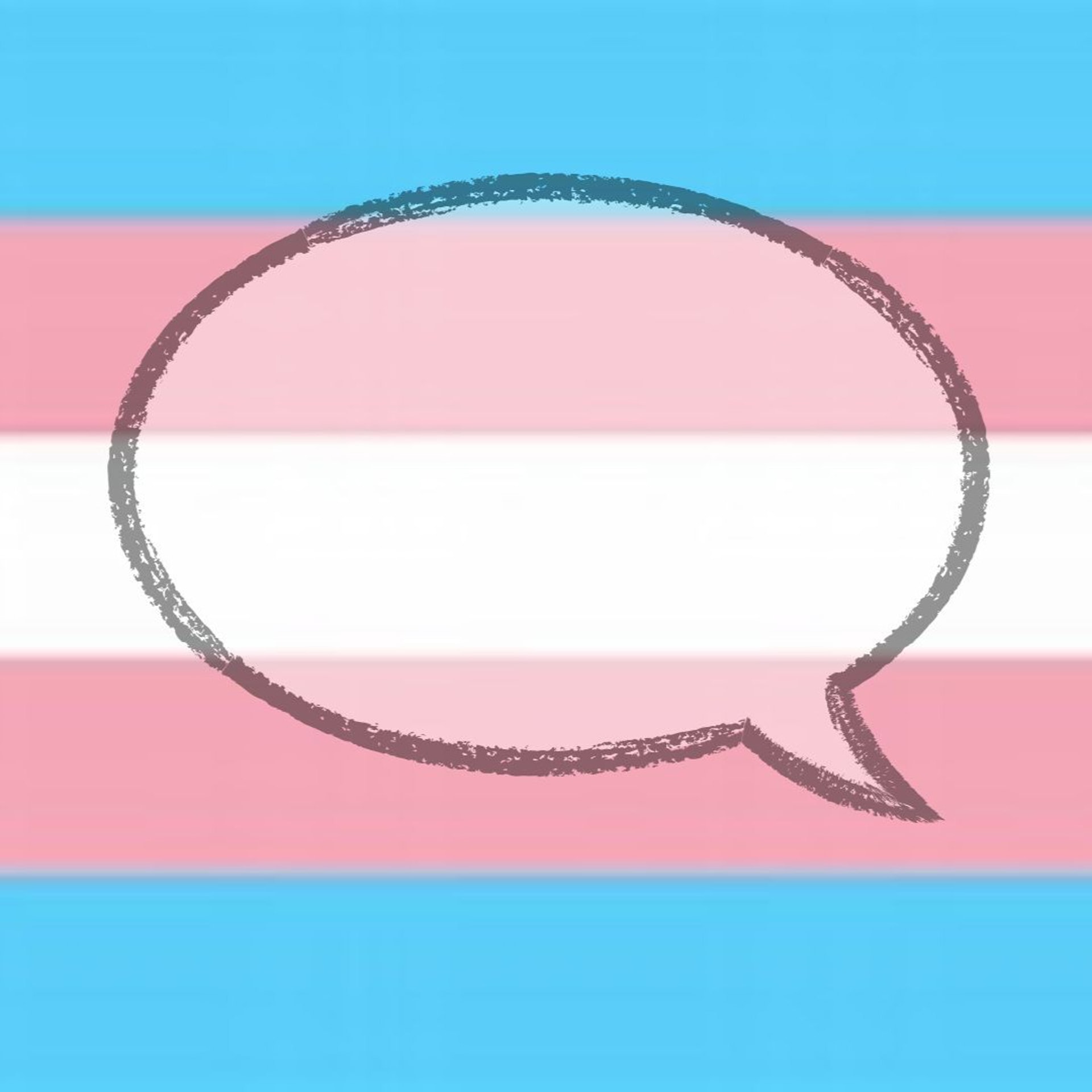 Stimmtherapie für trans* feminine Personen Stimmtherapie für trans* feminine Personen: Sprechblase auf Trans-Flagge